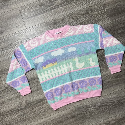 Maglione pullover rosa vintage anni 80 Fairy Kei pastello metallizzato anatra novità taglia L - Foto 2 di 11