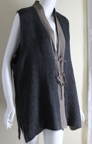Eskandar Sz 1 O/S Long Exquisite LINEN Art Gauze Waistcoat Vest Jacket - 第 1/10 張圖片