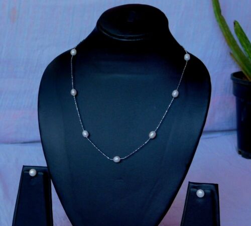 Genuine Fresh Water Pearl White Necklace & Earring Set Gift For Her 18" Inches - Picture 3 of 7