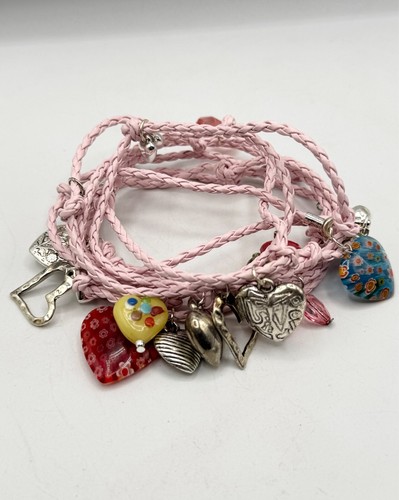 Bracciale rosa intrecciato similpelle vetro arte Murano cuore charm avvolgente - Foto 2 di 5