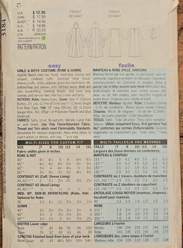 Butterick 3184 Boys - Girls Harry Potter Wizard Costume Sewing Pattern 12-14-16 - Picture 2 of 2