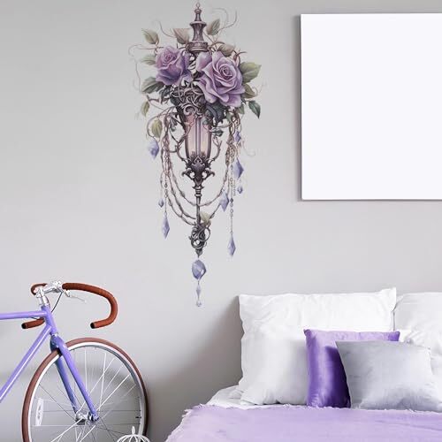 Vintage Purple Street Lamp Flower Vine Wall Stickers, Rose Peony Floral Art - Bild 4 von 7