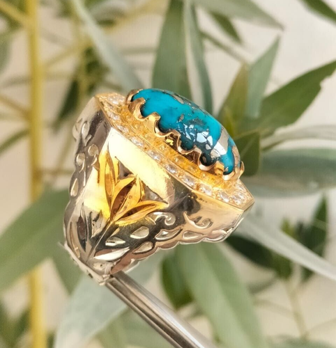 Natural Turquoise Stone Ring Real Shajari Feroza Unique Pattern Handmade Ring - Picture 7 of 8