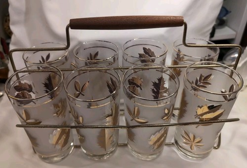Libbey Gold Leaf Frosted Tumbler Glasses in Metal Caddy VINTAGE MCM Set Of 8 - Picture 2 of 7