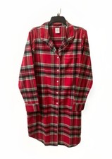 Lands End Nightshirt Plaid Flannel Button Cotton Red Green Holiday Medium Tall