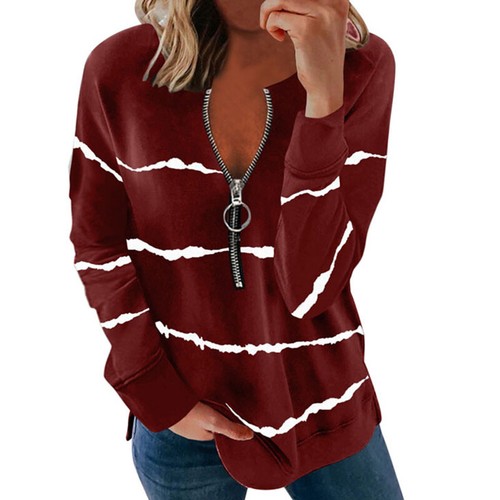 Damen-T-Shirt Reißverschluss V-Ausschnitt Tops Damen Langarm lässig locker Bluse Tee US - Bild 18 von 18