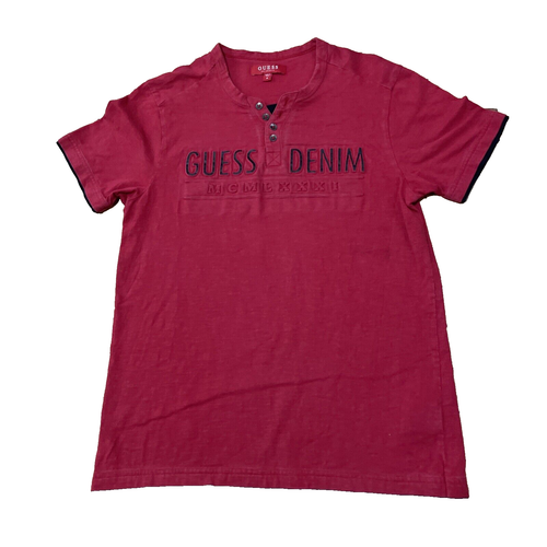 GUESS Henley Shirt Men M Red GUESS DENIM Y2k Spellout Roman Numerals MCMLXXXI - Picture 2 of 24