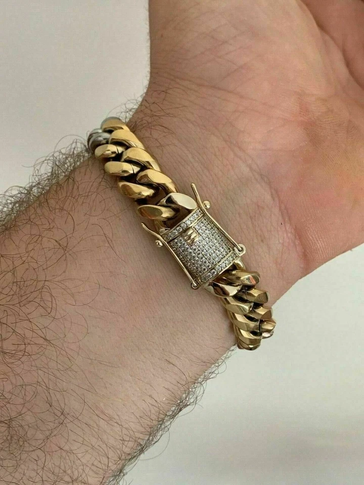 Pulseira masculina Miami Cuban Link 12 mm banhada a ouro tricolor fecho SS gelado CZ - Imagem 4 de 4