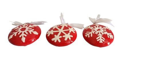 Lot Of 3 Ceramic Snowflakes Round  Large Red & White Christmas Ornaments  - Picture 3 of 4