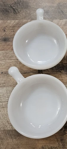 Qty2 Lot Set Vintage Glasbake White Milk Glass Soup Handle Bowl 11oz