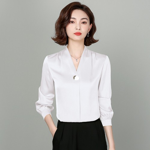 Lady Satin Blouse Faux Silk Shirts Long Sleeve V Neck Office Lady Pleated Formal - Picture 4 of 17