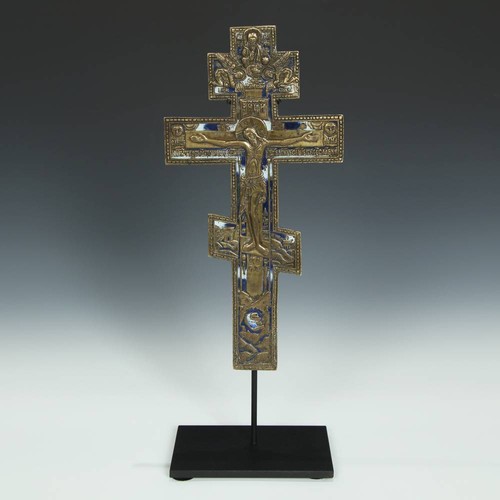 ANTIGUA CRUZ CEREMONIAL RUSA ANTIGUOS CREYENTES JESÚS BRONCE ESMALTE FINALES DEL SIGLO XVIII - Imagen 1 de 7