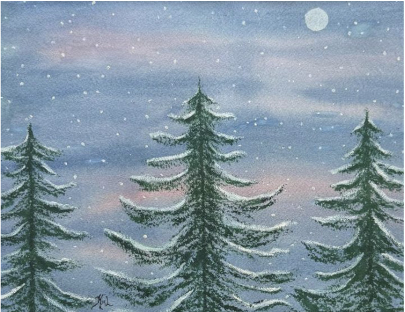 PAINTING WATERCOLOR 11X14 & DOUBLE MAT 16X20 TREES SNOWY EVERGREEN LANDSCAPE ART