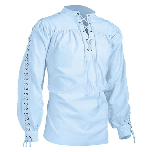 Men's Medieval Gothic Renaissance Stand Collar Shirt Long Sleeve Lace-Up Top @ - Picture 3 of 23