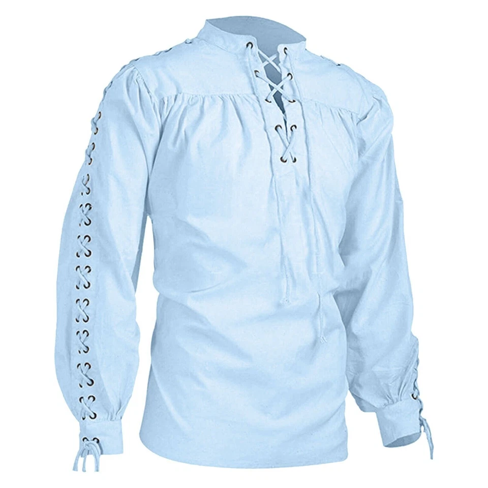 Men's Medieval Gothic Renaissance Stand Collar Shirt Long Sleeve Lace-Up Top @ - Image 3 of 4