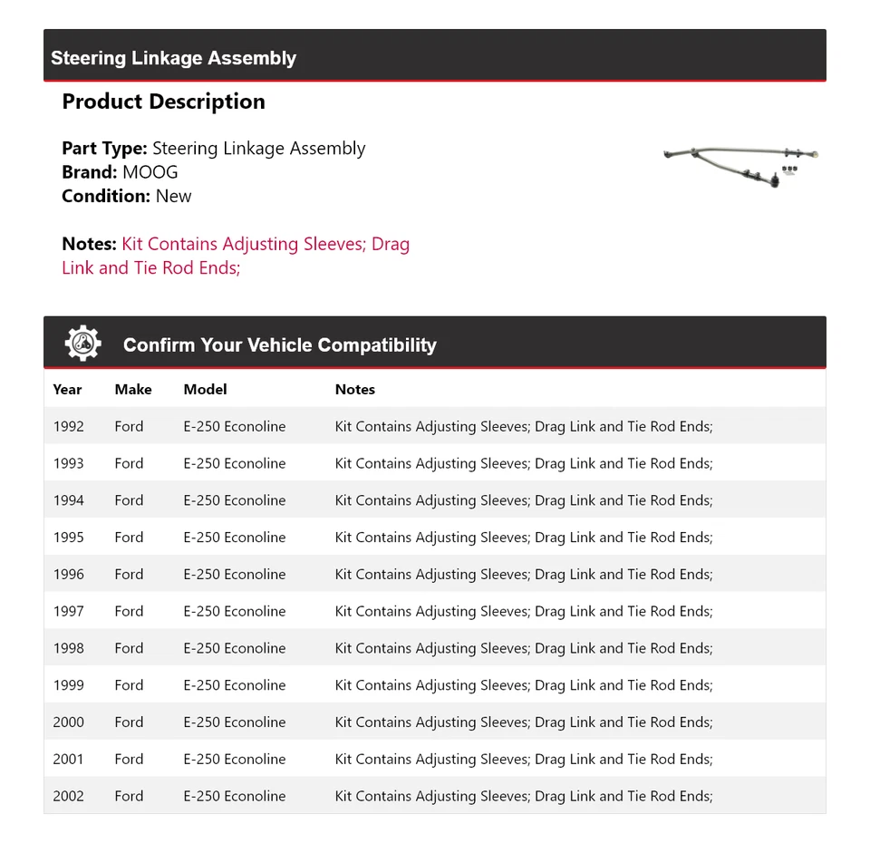 Рулевая тяга в сборе для Ford E-250 Econoline 1992-2002 годов выпуска MOOG 1992 1993 1994 - Изображение 2 из 4