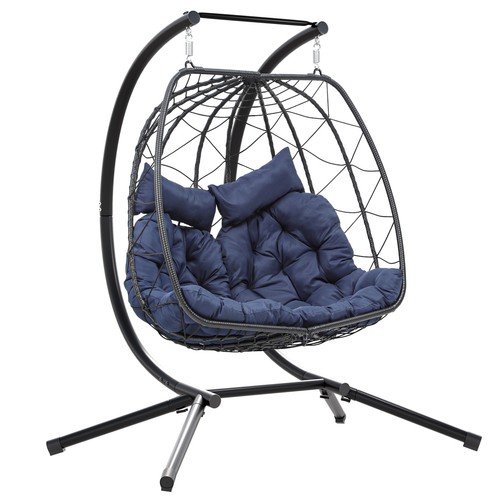 2 Person Hanging Egg Chair Foldable Rattan Wicker Waterproof Patio Swing Cushion - Picture 9 of 11