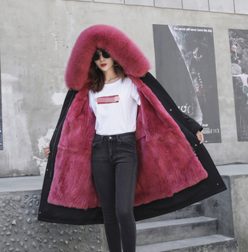 Invierno Mujeres Real Conejo Piel Forrada Parkas Gruesa Cálida Piel de Zorro Ropa Larga con Capucha - Imagen 15 de 18
