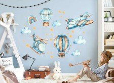 Blue Hot air balloon airplane helicopter Wall Decal Sticker Boys Room Gift