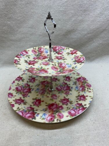 Vintage American Atelier at Home 2 Tier Chintz Tea Tray Serving Tray Rose Bud - Picture 2 of 5