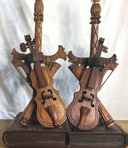 A Pair German Black Forest Carved Violin Musical Table Lamps Hand Carved Veitosa - Bild 2 von 18