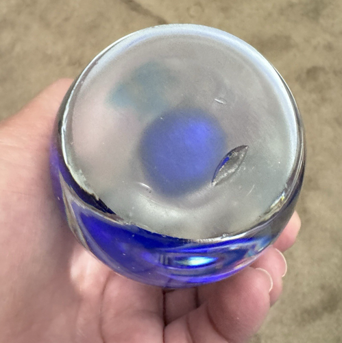 Handblown Art Glass Egg Shaped Paperweight Encased Cobalt Blue abstract shapes - Picture 3 of 4
