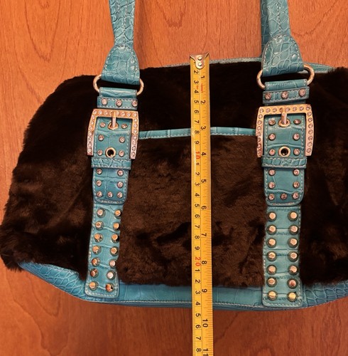 VINTAGE KATHY VAN ZEELAND FAUX FUR, FAUX LEATHER, RHINESTONE HANDBAG TEAL BROWN - Picture 14 of 16