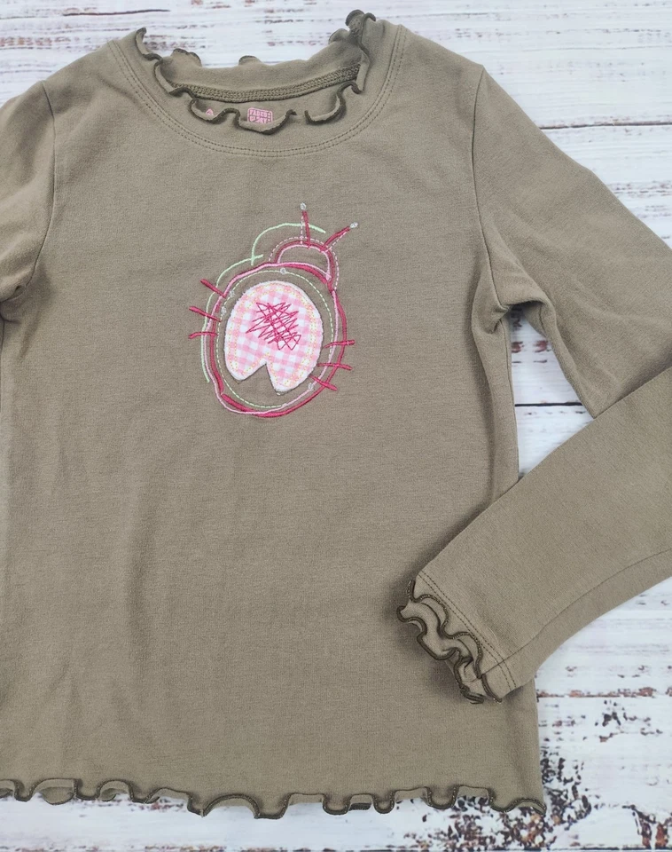 Y2K Faded Glory Girls Ruffle Trim Long Sleeve Top with Pink Gingham Bug – Size 6 - Image 3 of 4