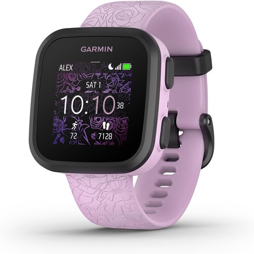 Garmin Bounce Kid Smartwatch, Lilac Floral w/ Sling Backpack + 2 Yr Warranty Kit - Photo 4 sur 12