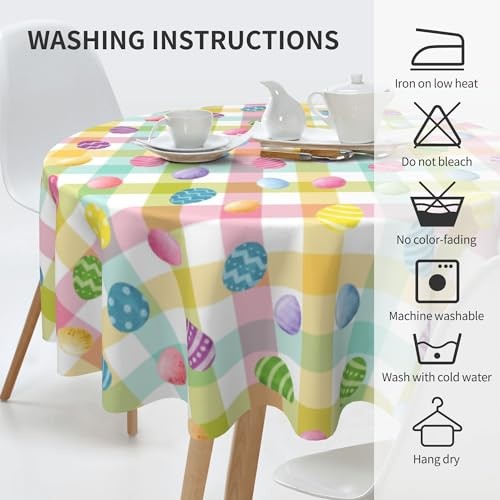 Easter Round Tablecloth 60 Inch Easter Eggs Decorate Round Tablecloth Washable - Picture 5 of 8