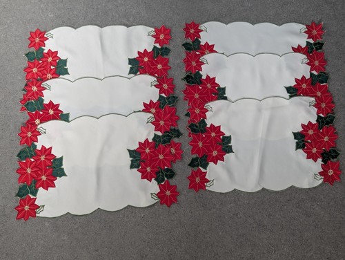 Peggy Wilkins Set of 6 Vintage Poinsettia Embroidered Christmas Placemats - Picture 4 of 24