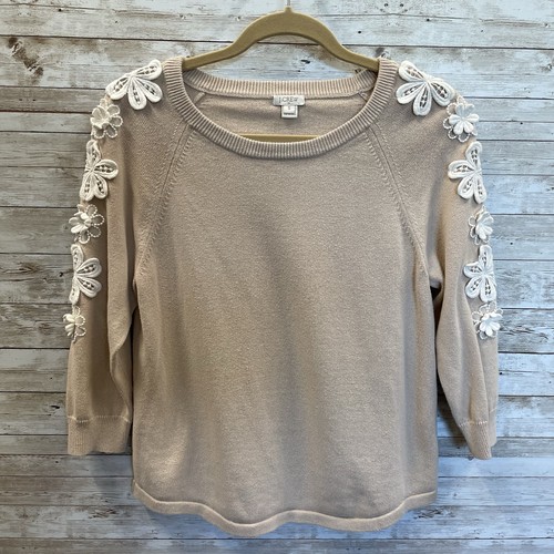 J.Crew Collection Womens S Sweater Flower Sleeve Appliqué Beige White Oatmeal - Picture 2 of 8