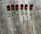 6pcs 13-inch Long Stemmed Red Roses Glass Flowers w/ Green Leaves 2 BROKEN Leaf