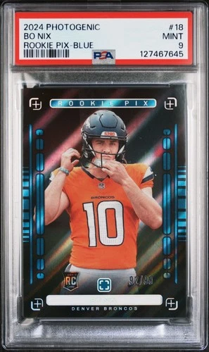 Bo Nix 2024 Panini Photogenic Rookie Pix Blue /99 PSA 9 #18 Rookie RC