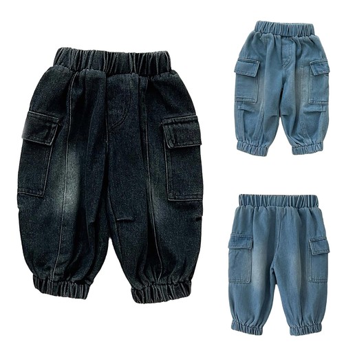 Pantalones de mezclilla holgados cargo cintura elástica pantalones jogger con bolsillos para niños - Imagen 2 de 15