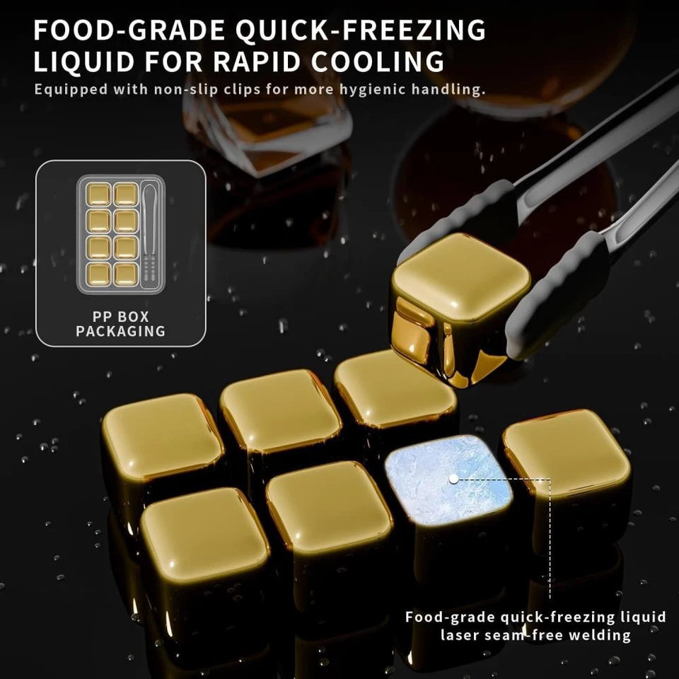 Stainless Steel Chilling Stones Reusable Ice Cubes with Tongs For Whiskey Gold § - Image 3 of 4