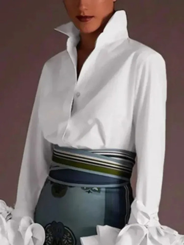 Design Fashion Lapel Long-sleeved Single-breasted Shirt Tops Women Autumn Solid - Imagen 12 de 25