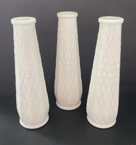 3 Vintage EO Brody Milk Glass Bud Vases with Diamond Pattern