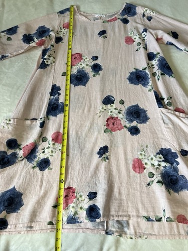 Made In Italy 100% Linen Dress One Size Pink Floral Oversized Pockets Leganlook - Picture 15 of 15