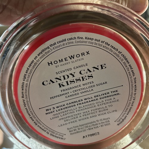 HomeWorx by Harry Slatkin Candy Cane Kisses Scented Candle 3 Wick 18oz - Picture 4 of 4