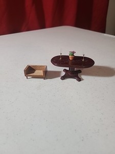 Miniature Dollhouse Table With Decor Attached And Unfinished Wood Sofa