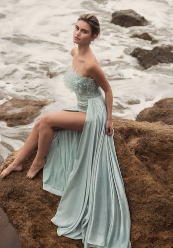 Mac Duggal 11690 Sz 14 Seafoam Blue Strapless Satin Feather Trim Long Gown $698 - Picture 4 of 9