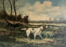 ANTIQUE OIL PAINTING Hunting Dogs FRENCH SCHOOL By Hanotiaux c1930 RESTORATION