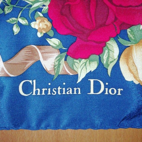 Gebrauchtes Christian Dior großes Seidentuch, marine, rose, Band. - Bild 2 von 12