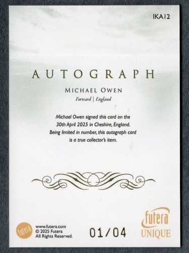 2025 Futera Unique Michael Owen Incredible Ink Auto Blue On Card 01/04 #HX - Picture 2 of 2
