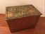 small vintage brass covered wood trunk / chest embossed colonial scene