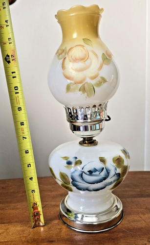 Antique Hurricane Glass Oil Lamp Hand Painted Roses Electrified - Picture 4 of 5