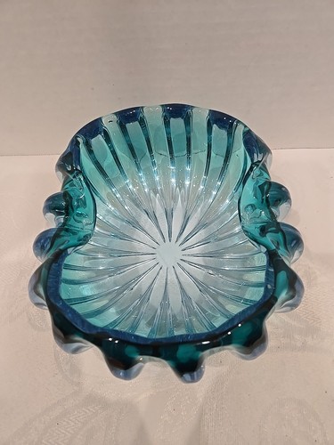 Vintage Murano gerippt italienische Kunst Glas Schale Schale Aschenbecher Barbini türkis blau - Bild 4 von 20