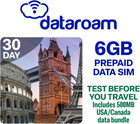 Prepaid Data European Sim Card. Works in 50 Countries in Europe. (6Gb)