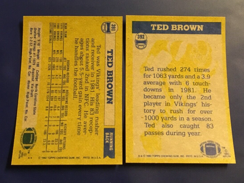 1982 Topps #391 #392 TED BROWN Lot 2 Minnesota Vikings w In Action - Picture 2 of 2